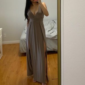 Mauve Brown Double Slit V-Neck Prom Cocktail Dress